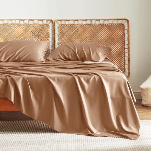 Bedsure King Size Cooling Sheets Set - Breathable Rayon from Bamboo, Soft & Silky, Deep Pocket Up to 16 Inches, Khaki