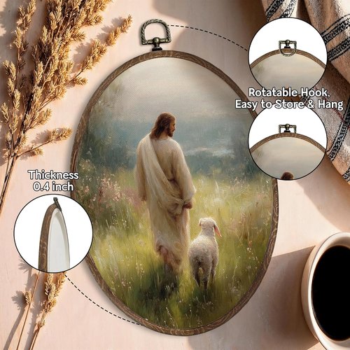 FLAWAFLOMA Jesus and Lamb Oval Wall Art - Rustic Christian Canvas Decor for Home or Church | 8.6x11.4 Inch