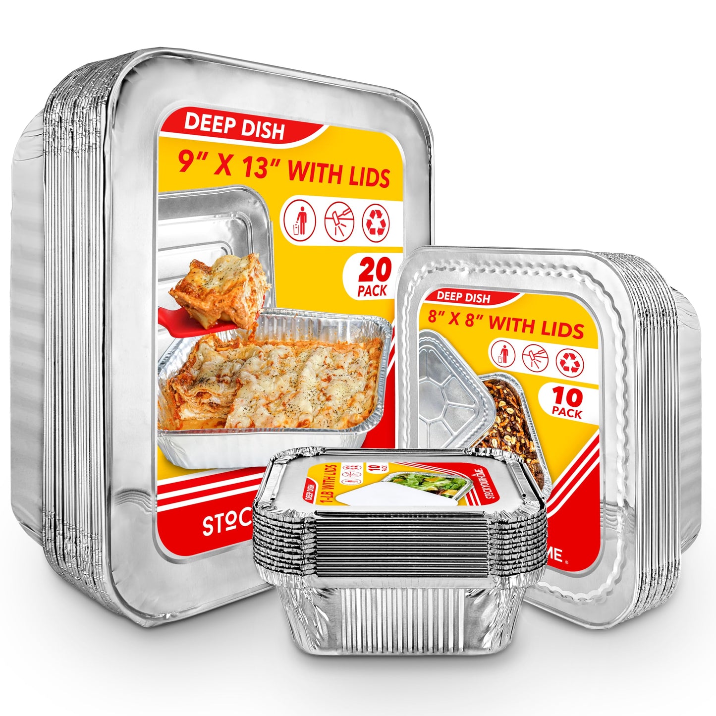 Stock Your Home Disposable Foil Pans with Lids (Set of 40) Heavy Duty Aluminum Pans with Lids (20) 9x13, (10) 8x8, (10) 1-Lb Baking Tins with Covers for Cooking, Heating, Storing, Holiday Dinner Meals