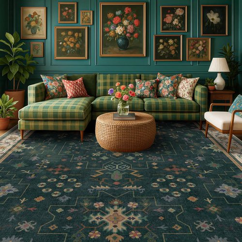 Hazo Haus Dark Green Oushak Area Rug - Modern Vintage Boho Floral Design, 10x12 Washable Non-Slip