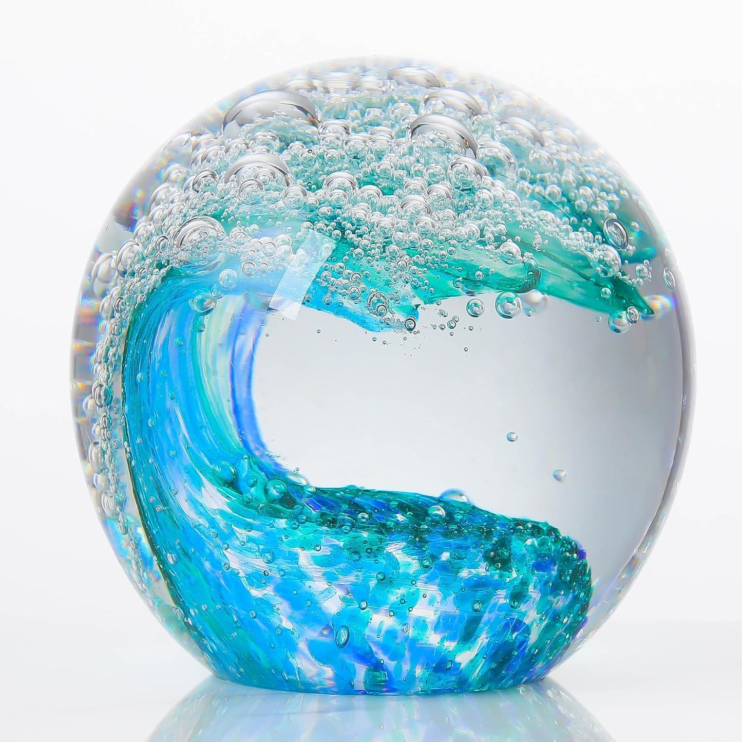 Qianwei Hand Blown Ocean Waves Crystal Ball - Unique Glass Collectible Figurine | Stunning Aquarium Decor