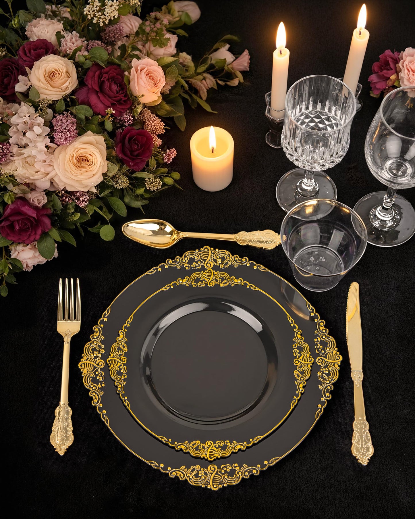 Nervure 175PCS Black Plastic Plates - Disposable Black Gold Party Plates & Pre Rolled Napkins with Cutlery for 25 Guests, 50Plates, 75Silverware, 25Cups, 25Napkin for Wedding & Party