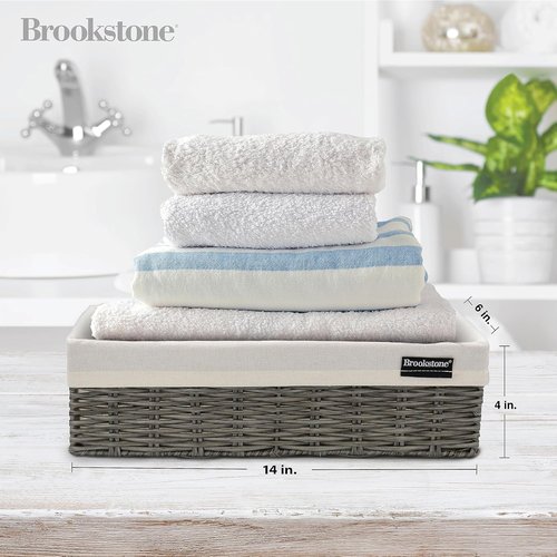 Brookstone Wicker Storage Baskets - Two Pack Set for Bathroom & Closet Organization | Grey with Fabric Liner