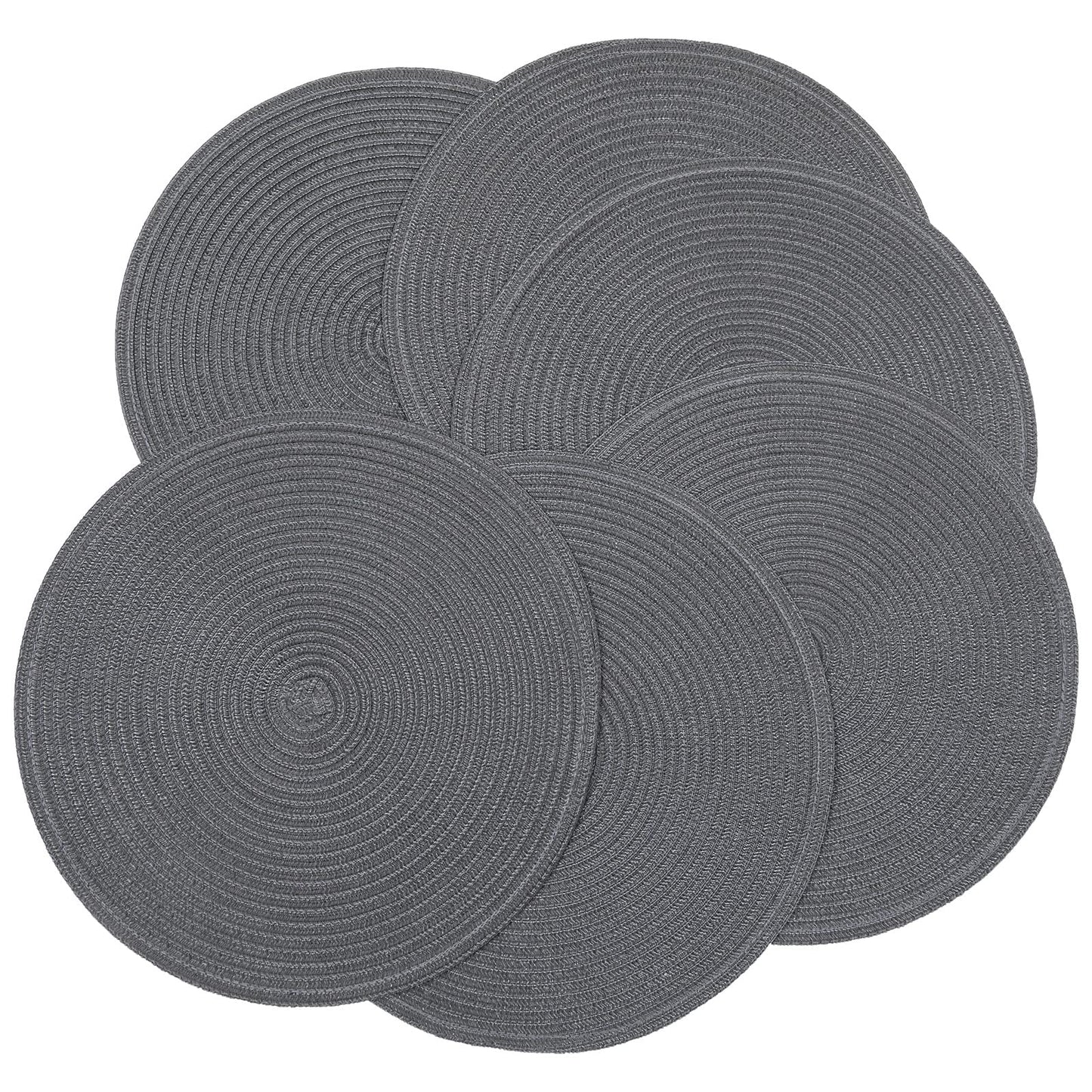 SHACOS Round Placemats Set of 6 Washable 15 inch Round Table Mats Cotton Polyester Woven Braided Place Mats for Dining Table (Charcoal Gray, 6)