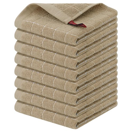 Homaxy 100% Cotton Terry Kitchen Towels(Tan, 13 x 28 inches), Checkered Designed, Soft and Super Absorbent Dish Towels, 8 Pack