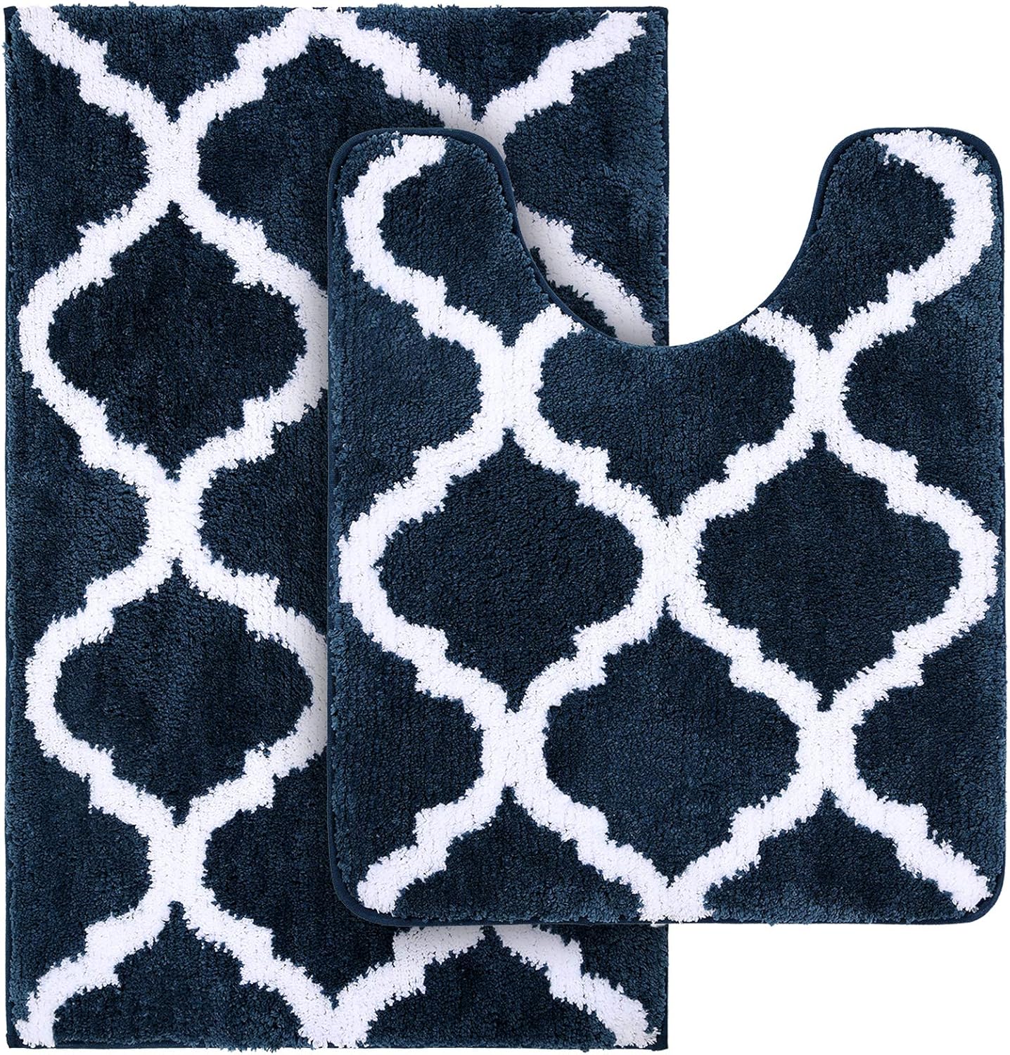 OLANLY Bathroom Rugs Set - Microfiber Non-Slip Bath Mat & U-Shaped Toilet Rug - Navy (30"x20"+24"x20")