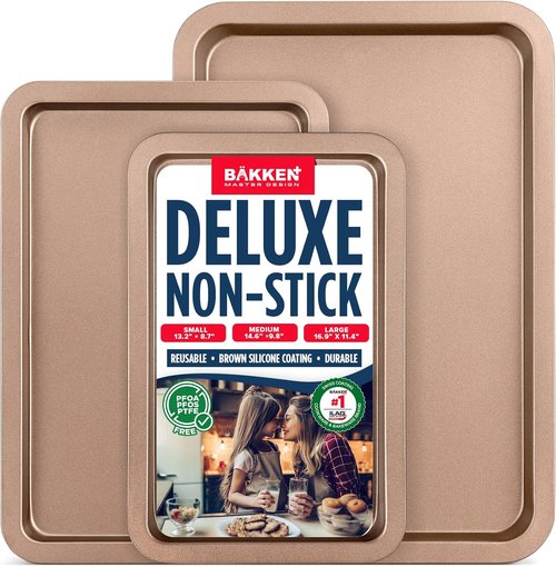 BAKKEN 3-Piece Nonstick Baking Pan Set - Stackable Cookie Trays, Oven Safe Up To 450°F, Brown