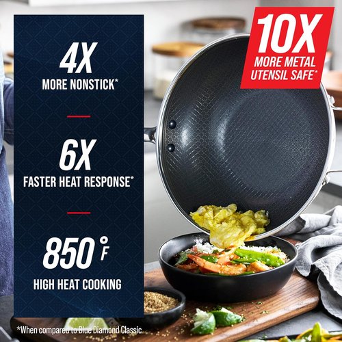 Blue Diamond Hybrid Nonstick 12” Wok - PFAS-Free Ceramic Stir-Fry Pan with Lid, Induction Ready, Silver