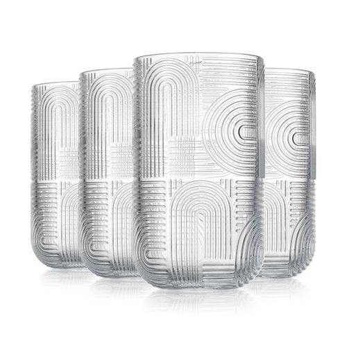 Glaver's Drinking Glasses, Highball Glasses, 17 Ounce Thick Embossed Designed, Set of 4 Clear Kitchen Glassware For Everyday Elegant Serving Coolers, Urban Pattern Modern Drinking Glasses