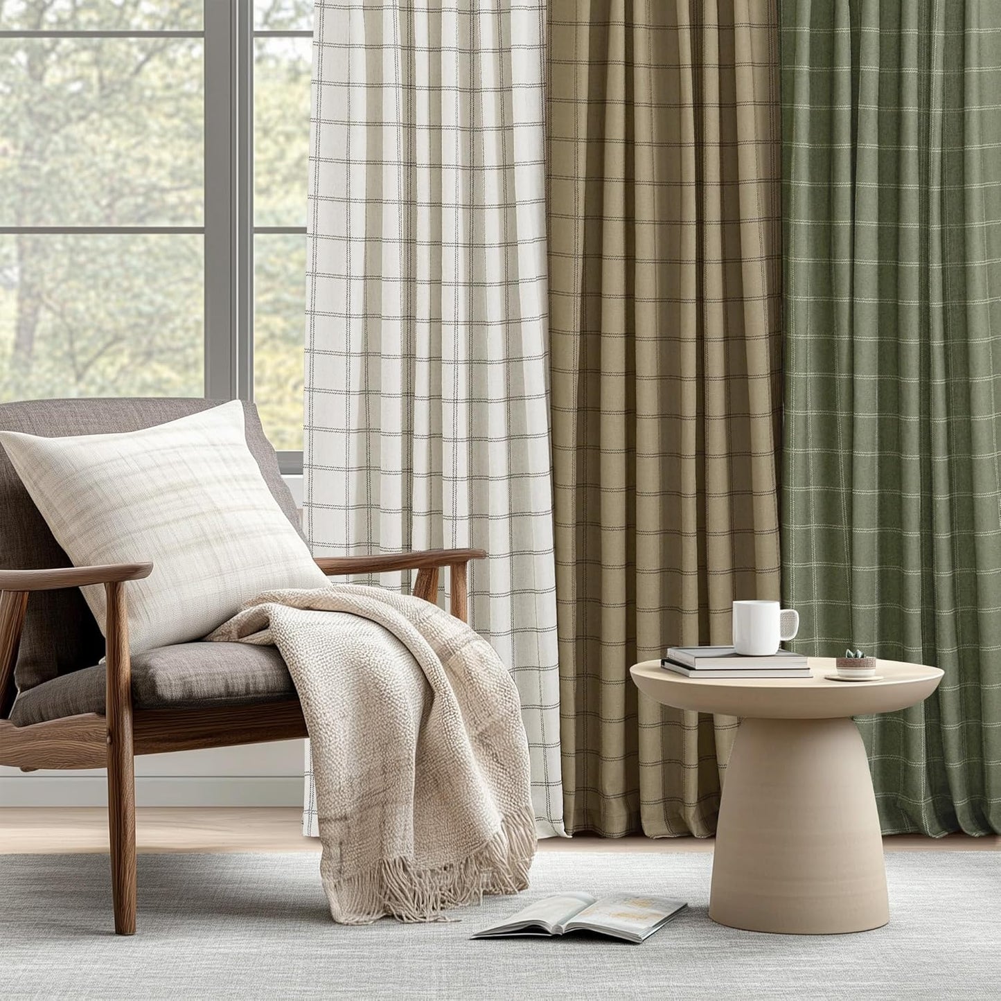 NICETOWN Linen Plaid Curtains - Modern Moss Green Check Window Panels | Light Filtering, 52" x 84" (2 Panels)