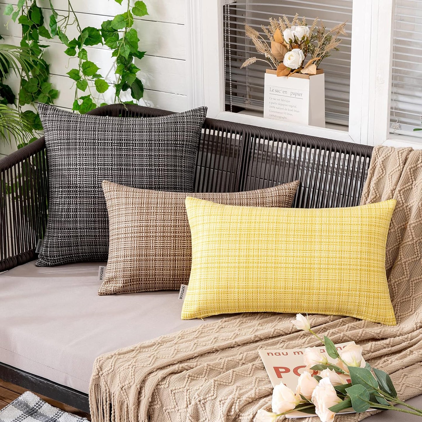 MIULEE Outdoor Waterproof Throw Pillow Covers - Decorative Farmhouse Cushion Covers | 12x20 Inch Yellow, Pack of 2