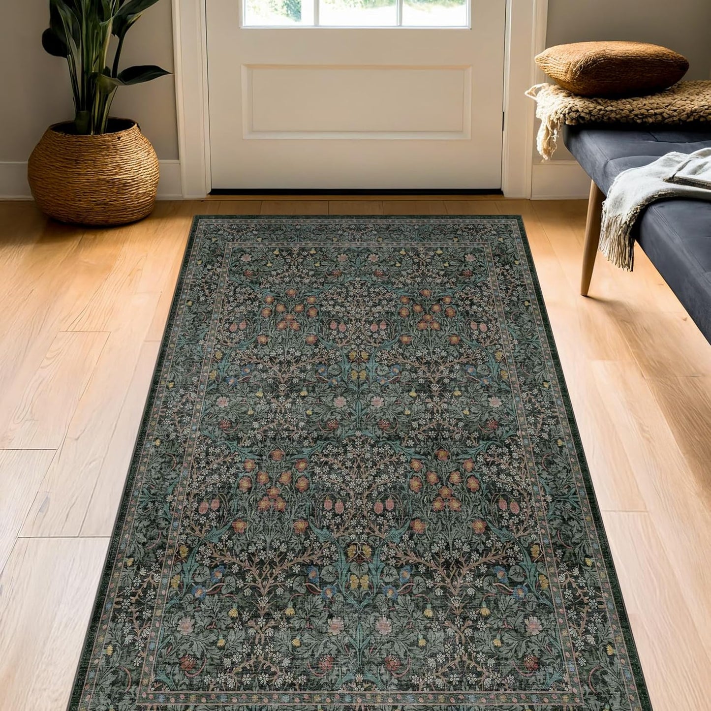 Vintage Floral Area Rug - Dark Green 3x5 Non-Slip, Ultra Soft & Stain Resistant for Entryway, Kitchen, Bedroom