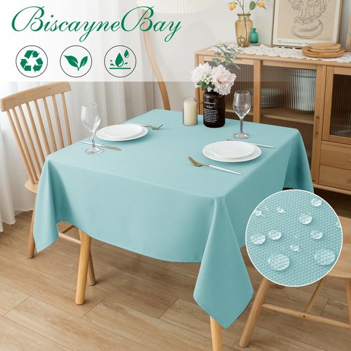 Biscaynebay Textured Fabric Christmas Square Table Cloth 70x70 Inches, Gold Water Resistant Tablecloths for Dining, Kitchen, Wedding and Parties etc. Machine Washable