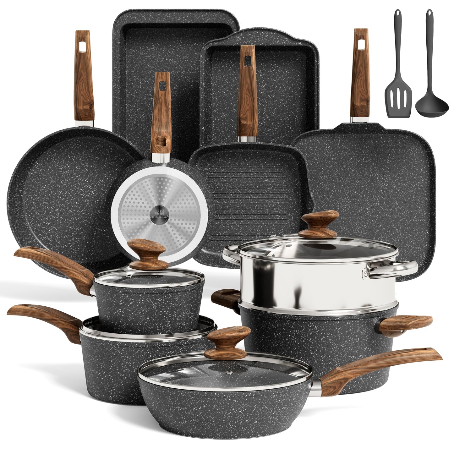 MAISON ARTS 17 Piece Pots and Pans Set Non Stick, Kitchen Cookware Sets with Nonstick Granite Stone Coating, Suitable for Induction Cooktops, Black