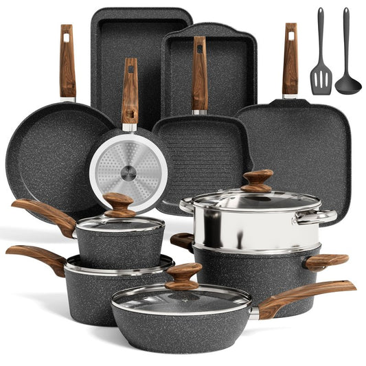 MAISON ARTS 17 Piece Pots and Pans Set Non Stick, Kitchen Cookware Sets with Nonstick Granite Stone Coating, Suitable for Induction Cooktops, Black