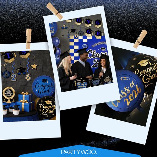 Graduation Decorations Class of 2026 Grad Party Supplies Set with Congrats Grad Backdrop Blue Banner Hanging Swirls Foil Latex Balloons Centerpieces Party Decoration Blue Black Gold 40pcs