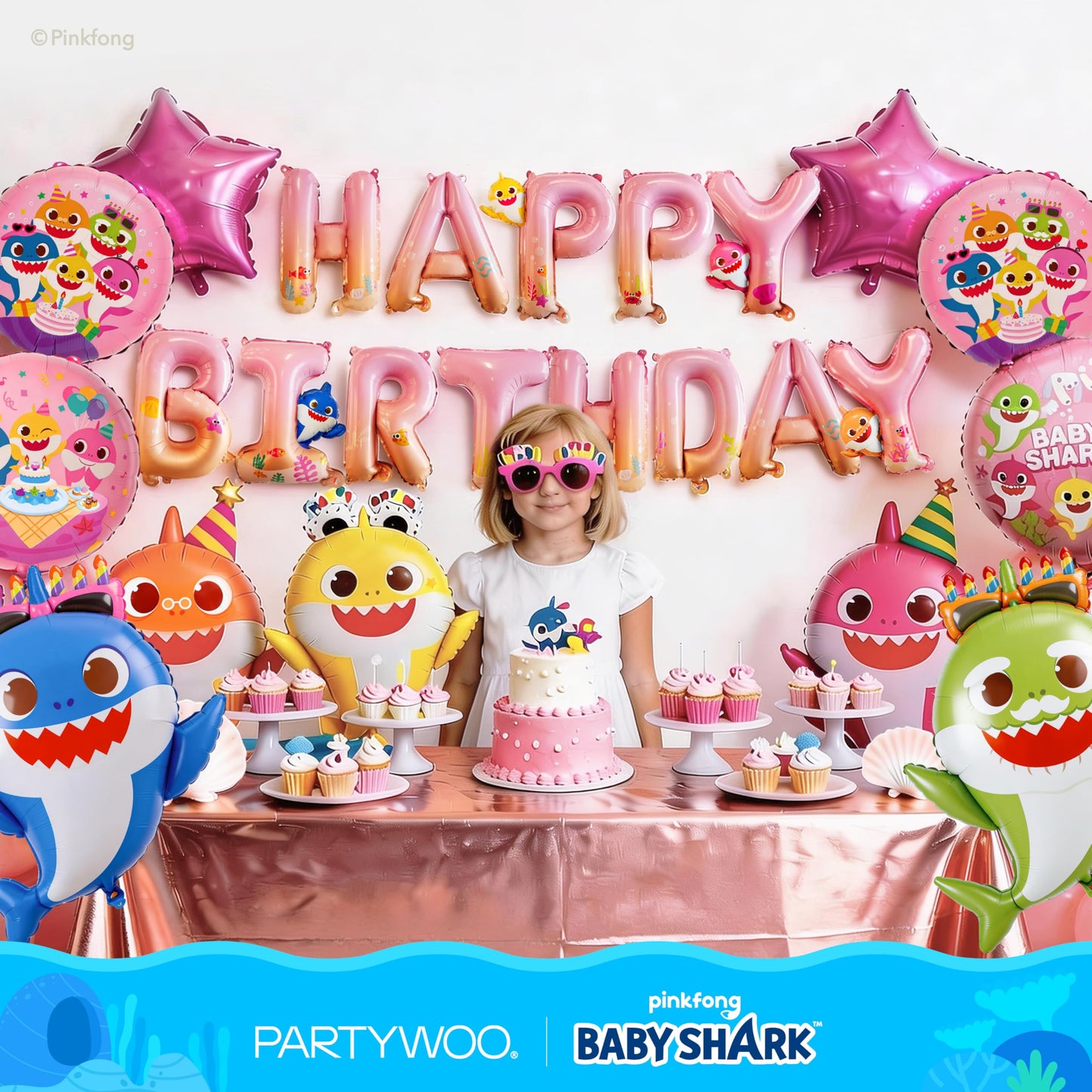 PartyWoo Baby Shark Family Foil Balloons 13pcs Baby Shark Family Pink Round Star Mylar Happy Birthday Banner Letter Balloons for Boys and Girls Under the Sea Kids Birthday Party Decorations