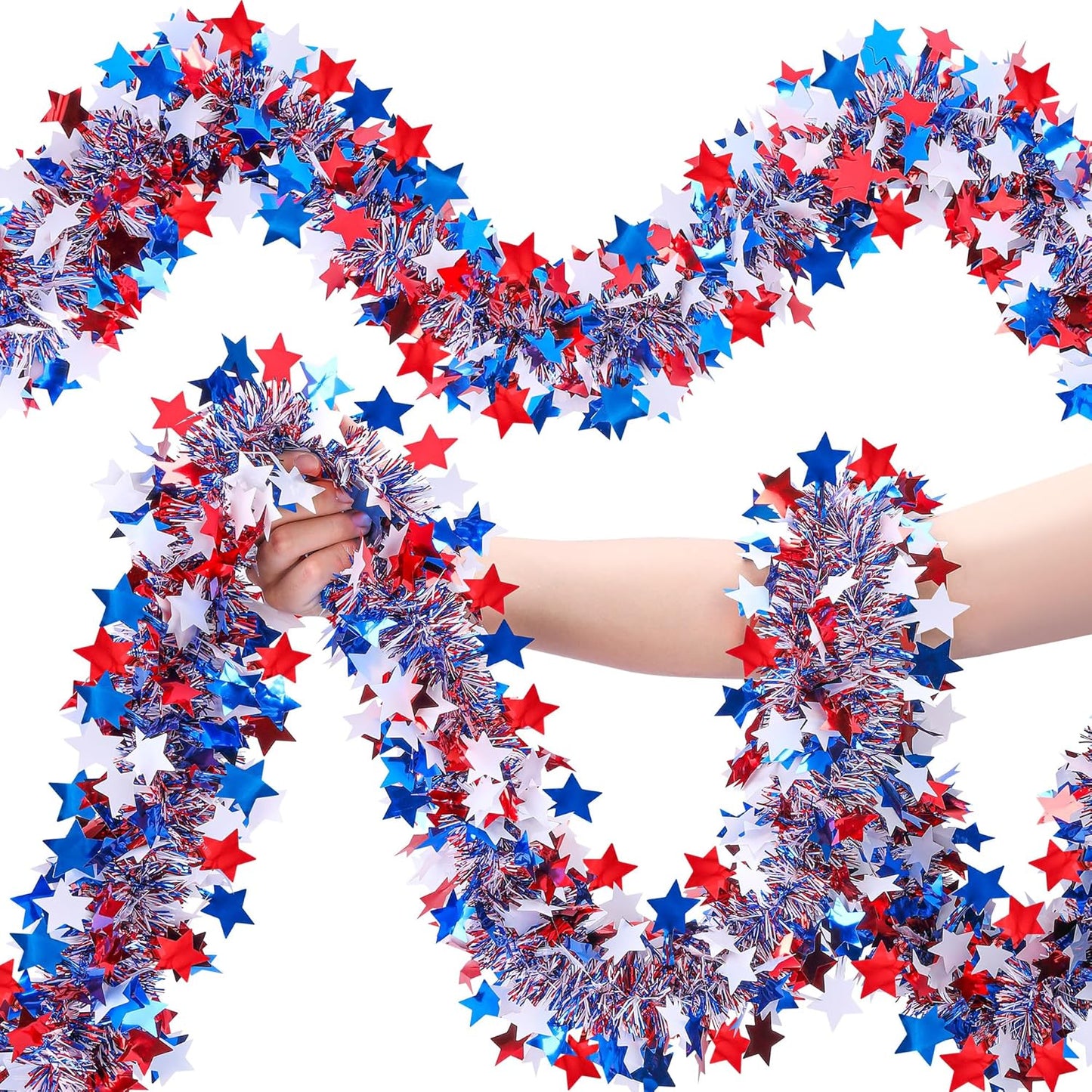 Regine Switzerland Patriotic Glitter Tinsel Garland - 52.5Ft Red, White & Blue Metallic Twist for 4th of July Decor