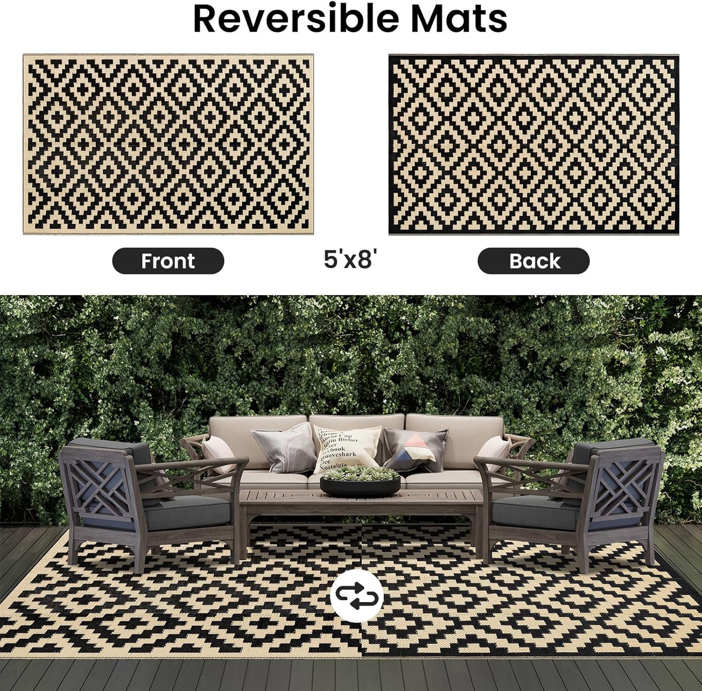 Smiry Waterproof Outdoor Rug - Reversible 5x8 ft Plastic Straw Mat for Patio & Camping - Black & Beige