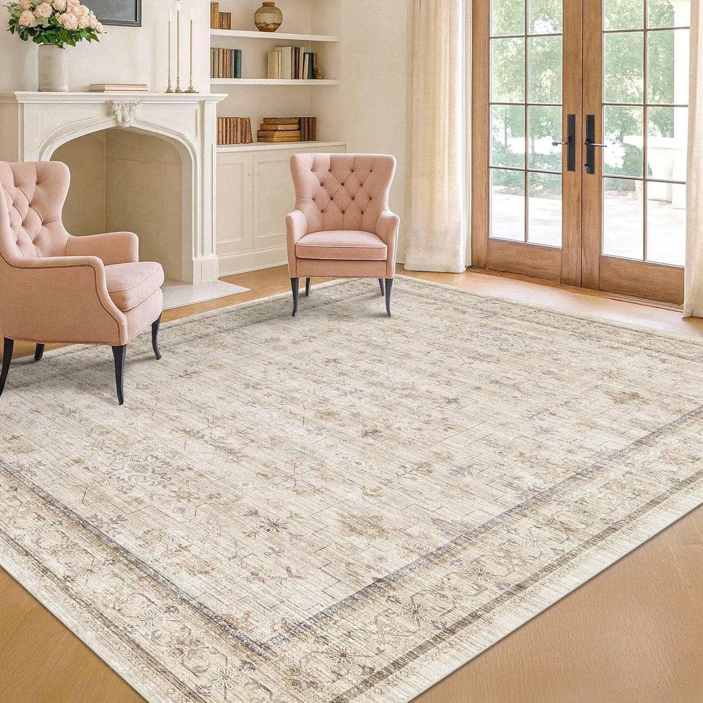 Skiennix Washable Ivory 5x7 Rug - Non-Slip Design for Bedroom & Home Office | Low Pile Farmhouse Style