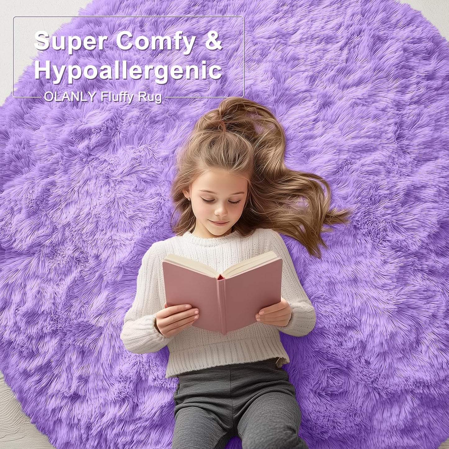 OLANLY Purple Round Area Rug - Soft & Fluffy Shaggy Carpet, 3 ft Circle for Bedroom & Living Room Decor