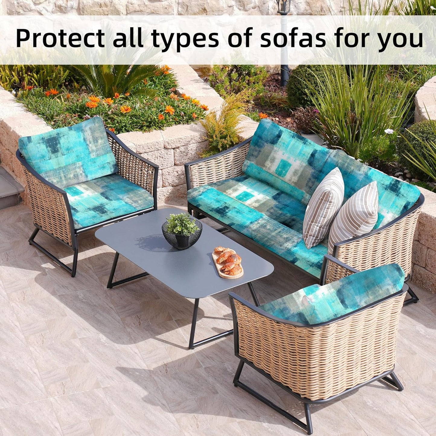 Skiennix 8-Piece Stretch Patio Cushion Covers - Washable Outdoor Sofa Slipcovers in Turquoise