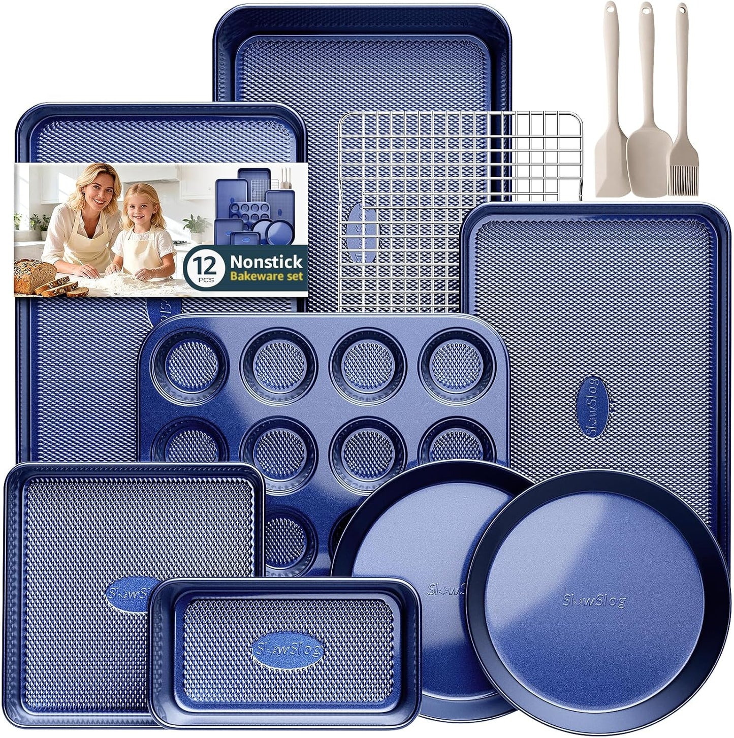Skiennix 12-Piece Nonstick Bakeware Set - Oven Safe Ceramic Coated Blue with Essential Utensils