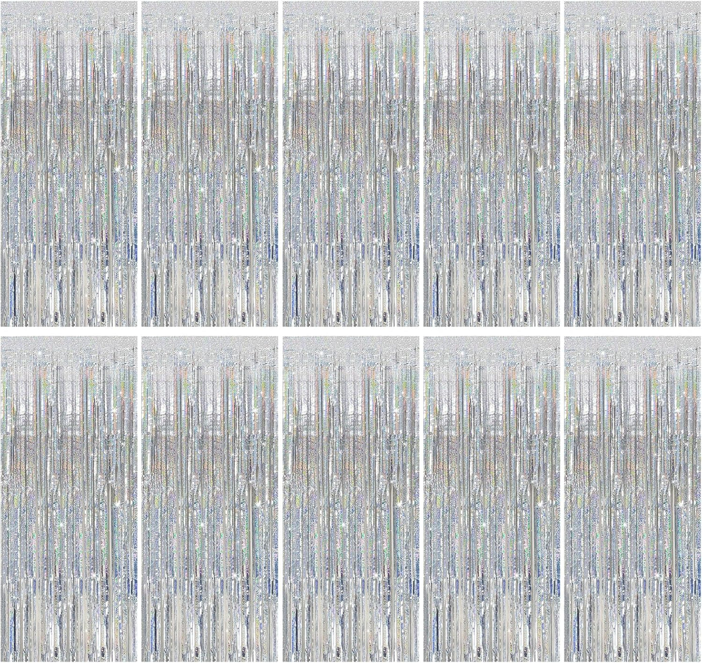 Skiennix Tinsel Curtain - Silver Glitter Foil Fringe Backdrop | 10-Pack Party Decor for Events