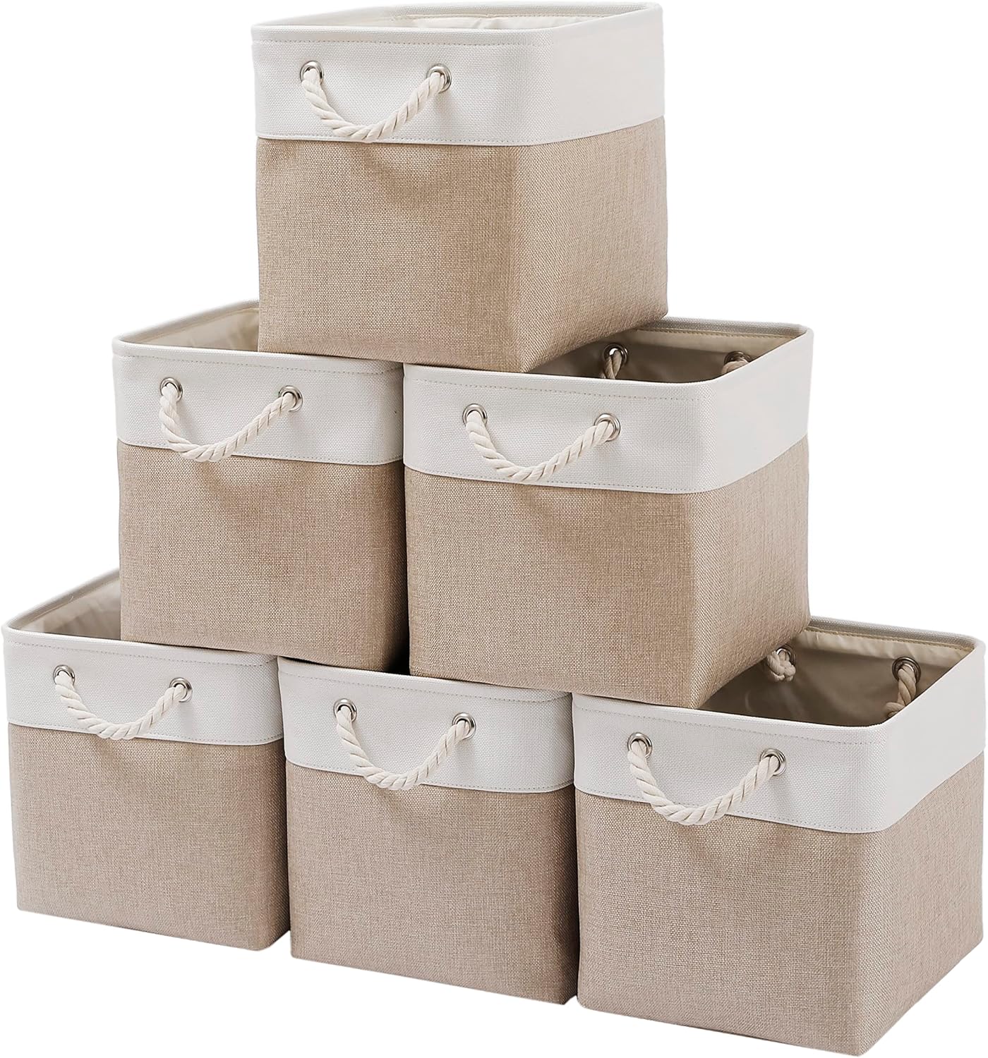 MidmmVick Cube Storage Bins - 11x11 Inch Collapsible Fabric Bins, 6-Pack for Home & Office (White & Beige)