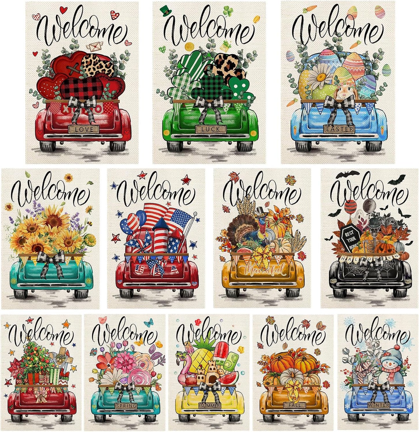 Rustic Truck Garden Flags - Set of 12 Double-Sided Seasonal Decorations | 12x18 Inches for Year-Round Use