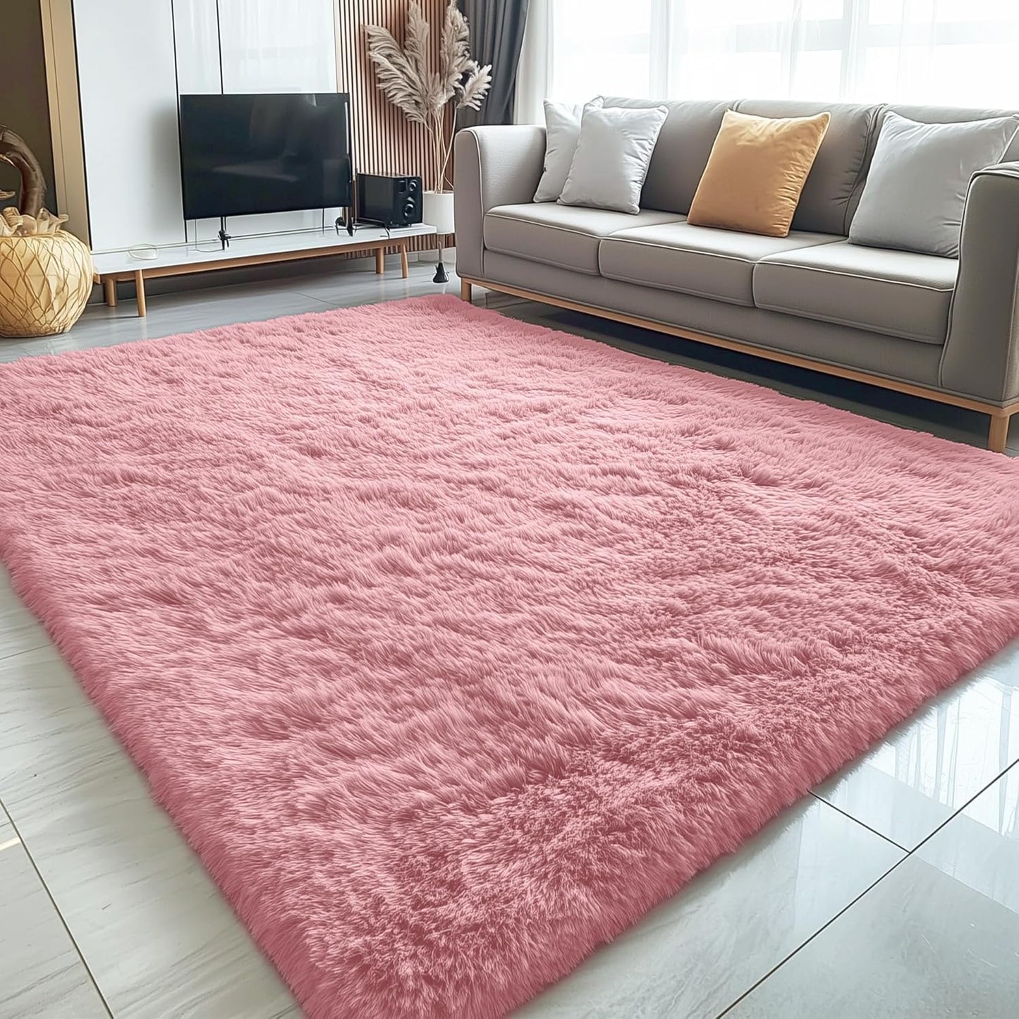 OLANLY 5x7 Soft Fluffy Shaggy Area Rug - Machine Washable Indoor Carpet for Living Room & Bedroom | Pale Pink