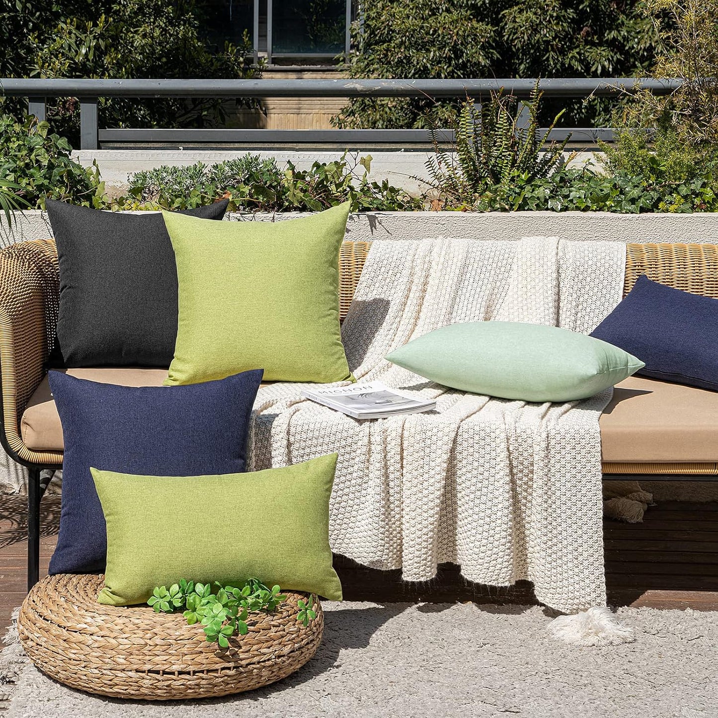 MIULEE Decorative Outdoor Throw Pillow Covers - Waterproof Faux Linen Cushion Cases | 18x18 Inch Moss Green (Pack of 2)