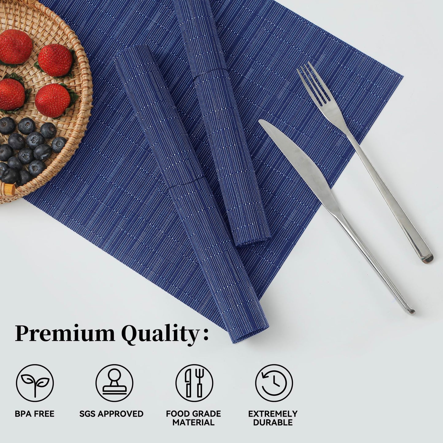 Leetaltree Blue Placemats Set of 8 - Heat Resistant Non-Slip Place mats for Dining Table, Washable Durable PVC Vinyl Woven Table Mats（Blue, 8）