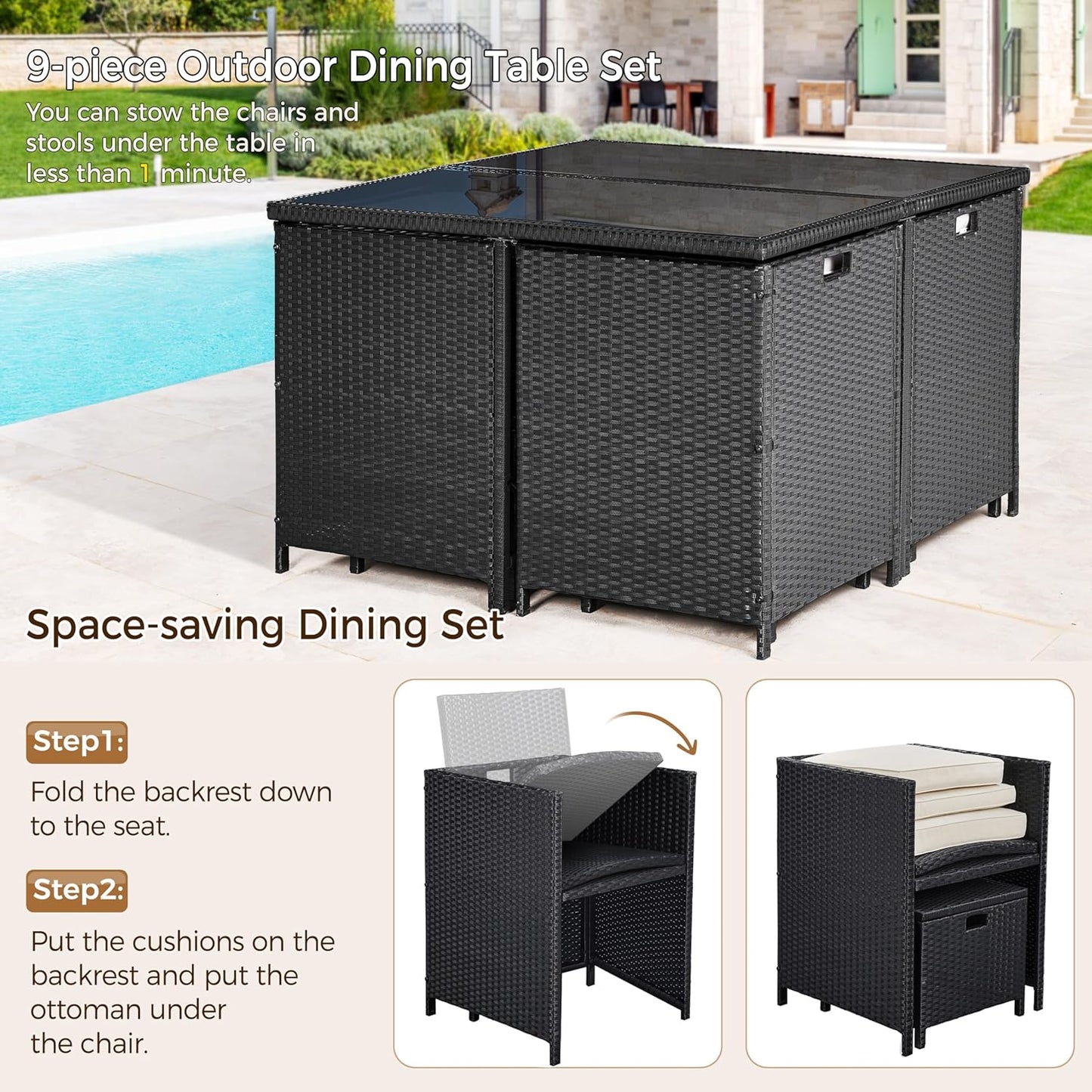 Yaheetech 9-Piece Patio Dining Set - Space-Saving Rattan Chairs & Glass Table | Black/Beige Cushions