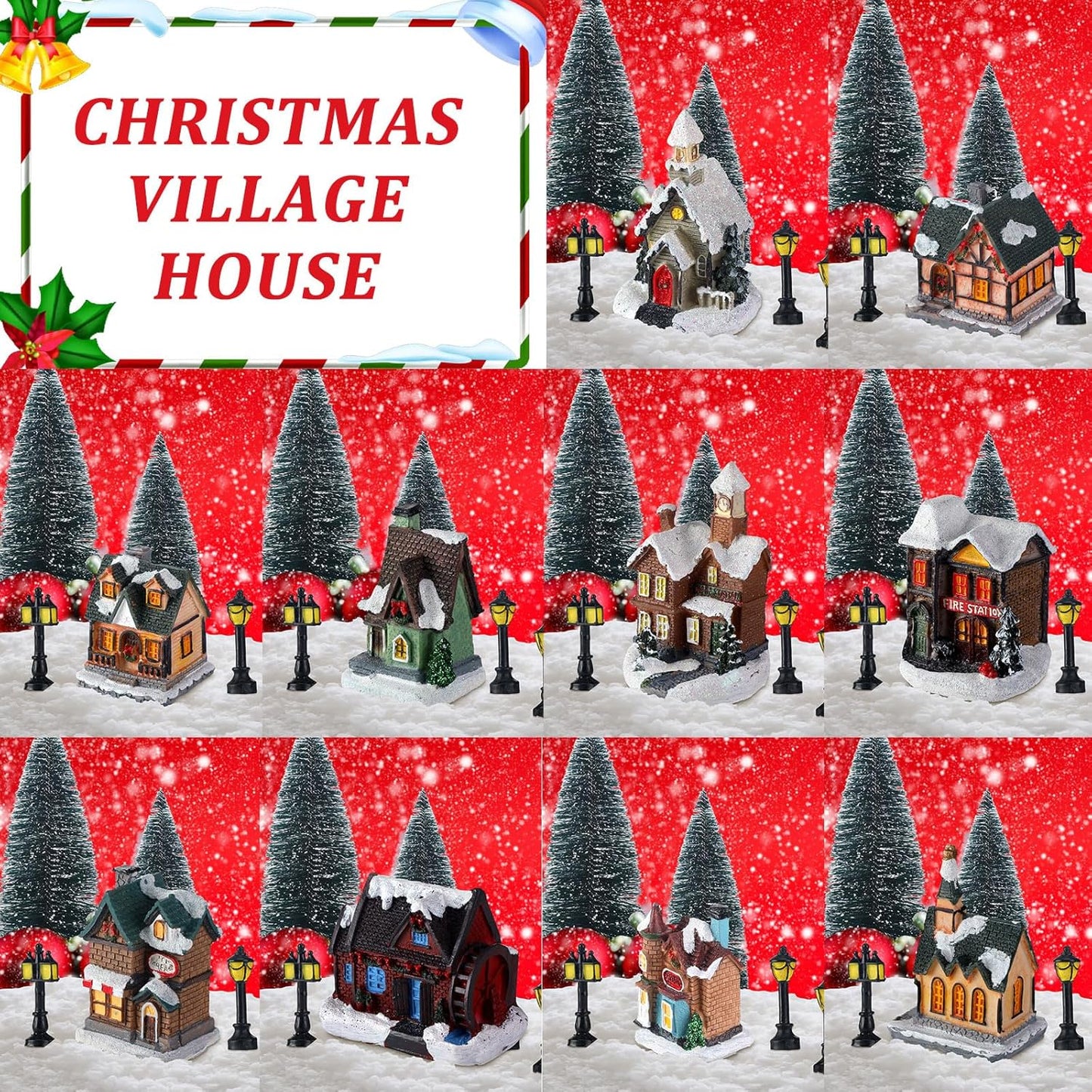 Shappy Christmas Village Houses Set - 48 Pcs with 10 Light-Up Buildings, Mini Trees & LED Lights