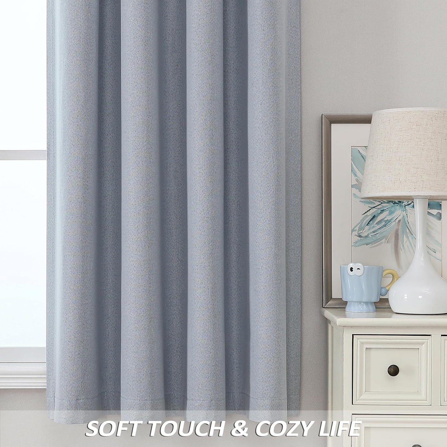 THOOO 100% Blackout Curtains - Natural Linen Textured, Thermal Insulated, 95 Inches Long | Light Blue, 2 Panels