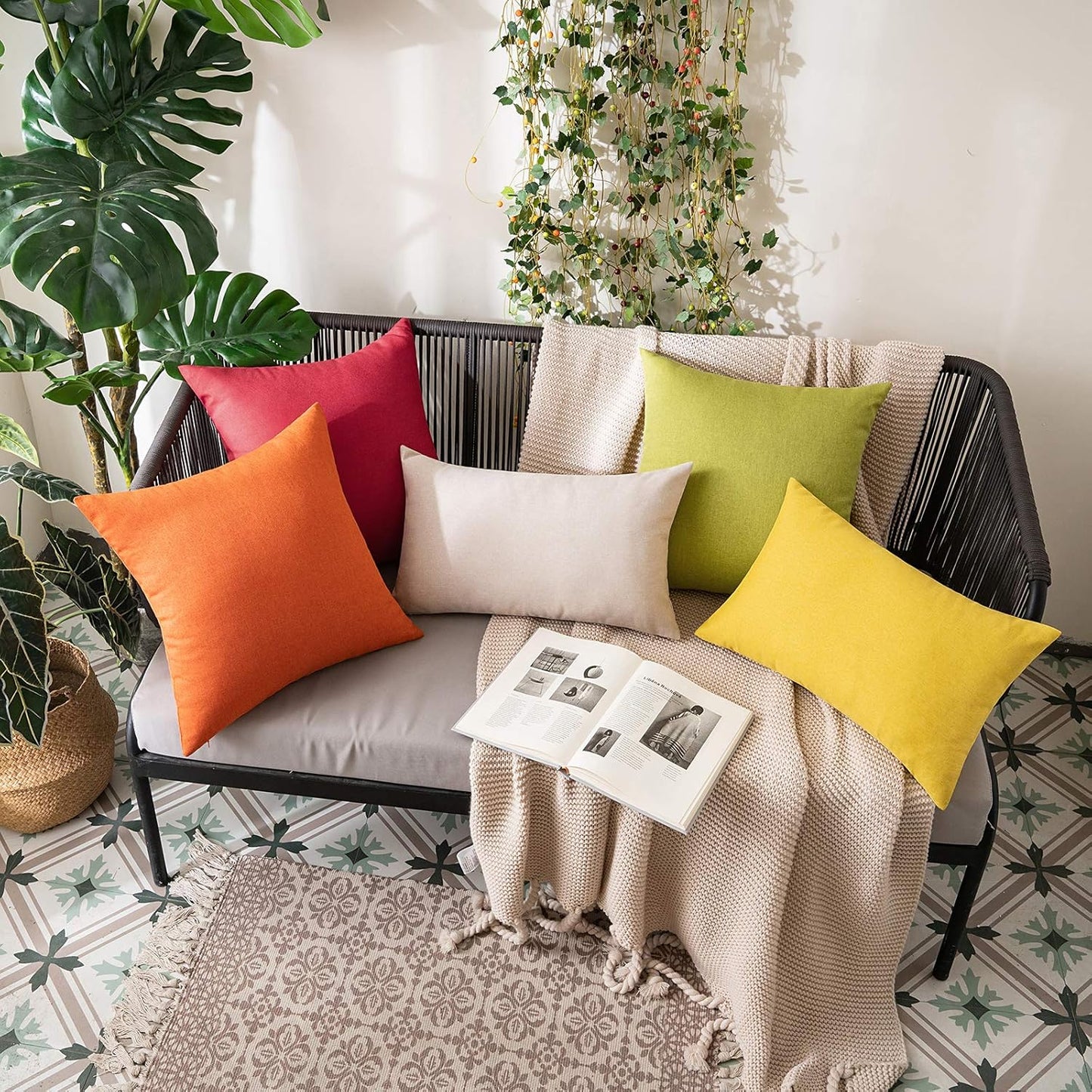 MIULEE Decorative Outdoor Throw Pillow Covers - Waterproof Faux Linen Cushion Cases | Pack of 2, 20x12 Inch, Yellow
