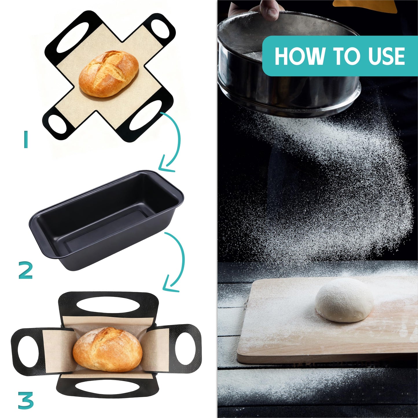 9 x 5 Loaf Pan Set with Silicone Bread Sling – 2 Bread Pans + 2 Nonstick Loaf Liners for Homemade Baking, Sourdough, Banana Bread, Sandwich Loaves – Rectangular Baking Tray for Kitchen Home Baker