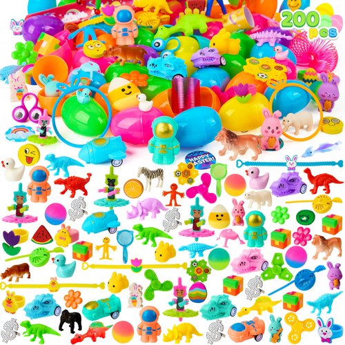 JOYIN 200 PCS Easter Prefilled Eggs with Assorted Toys for Easter Basket Stuffers, Egg Hunt Supplies, Classroom Prizes, Party Favor