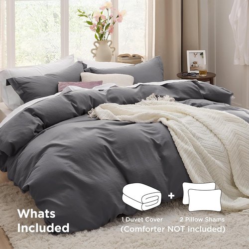Bedsure Charcoal Grey Duvet Cover Set - Soft 3-Piece Queen Size with Zipper Closure | 90x90 Inches