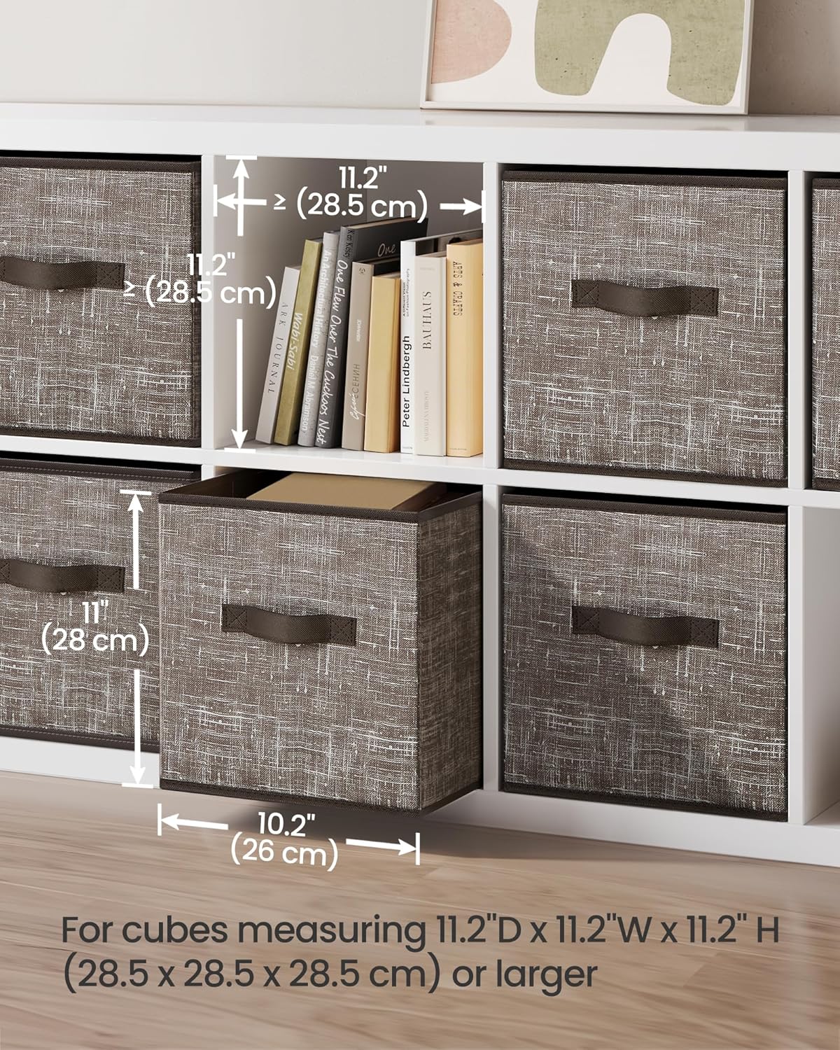 SONGMICS Storage Cubes - 11-Inch Foldable Non-Woven Fabric Bins with Double Handles - Set of 6 in Walnut Color