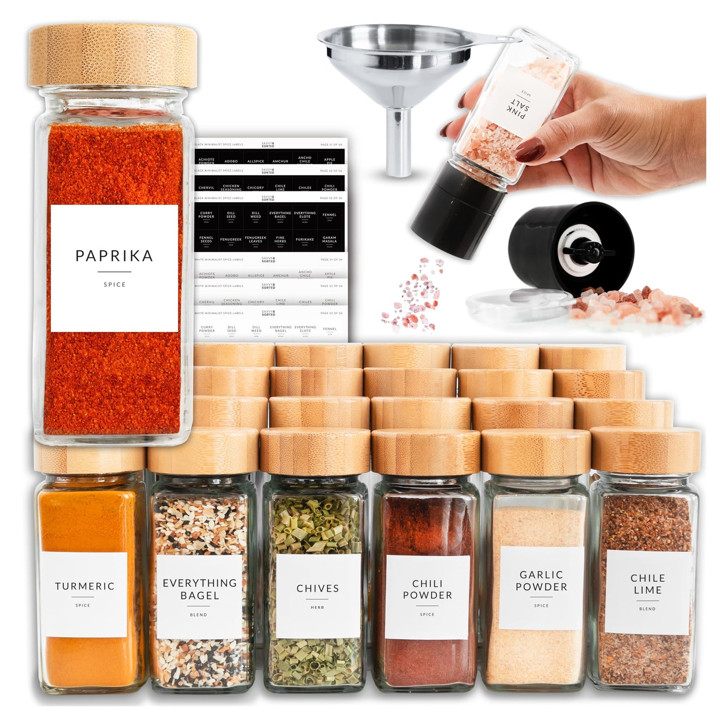 SAVVY & SORTED Glass Spice Jars with Label, 24PK Bamboo Jar Spices Set 4oz, 374 Spice Labels, Pepper Grinder, Empty Herb Seasoning Containers, Funnel and Shaker Lids