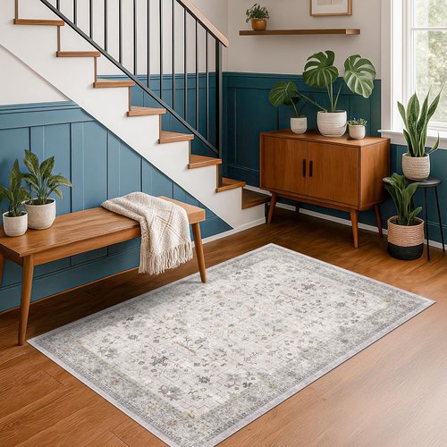 Hazo Haus Boho 4x6 Living Room Rug - Light Grey Vintage Floral Design | Washable Non-Slip Area Rug for Home