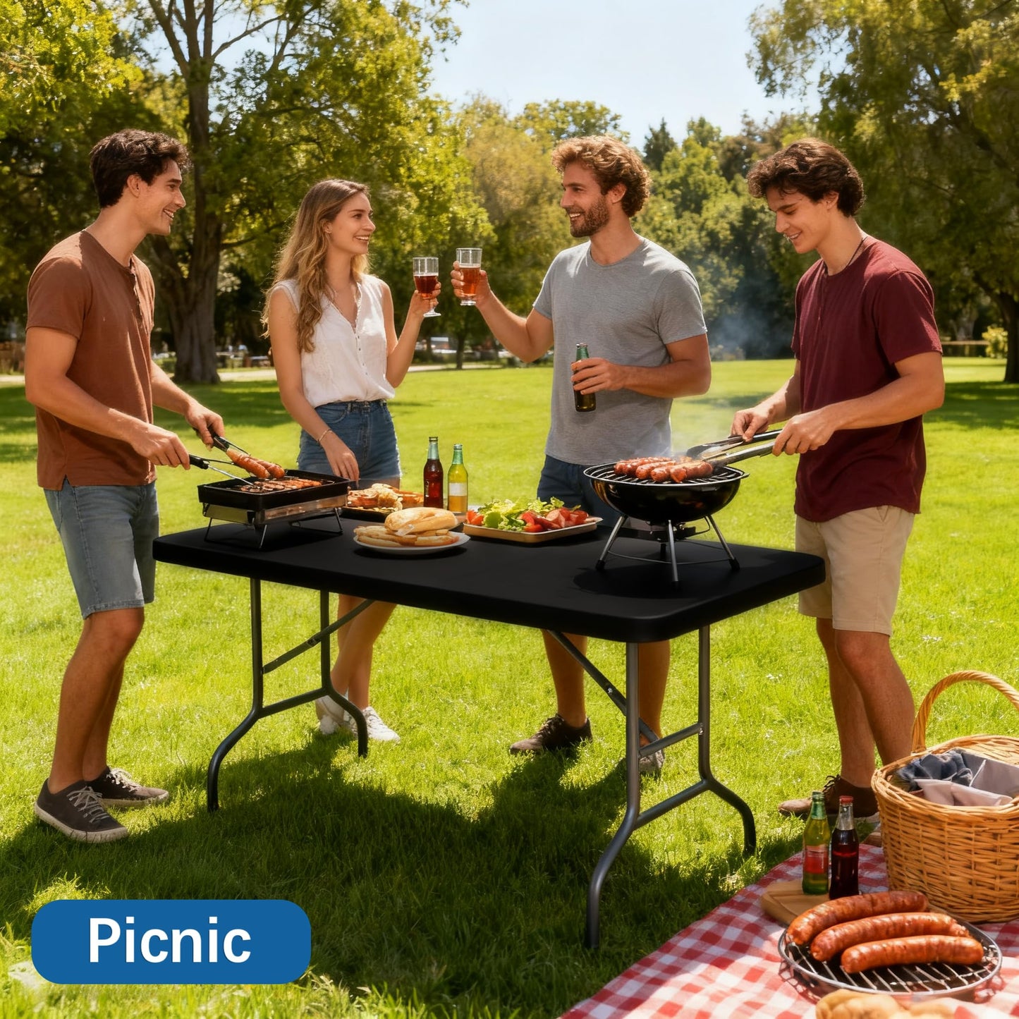 Lemict 6FT Picnic Black Spandex Table Cloth - 1 Pack Fitted Rectangle Tablecloth for Folding Tables, Washable Table Cover for Outdoor, Camping, Picnic, Banquet and Party(30" x 72")