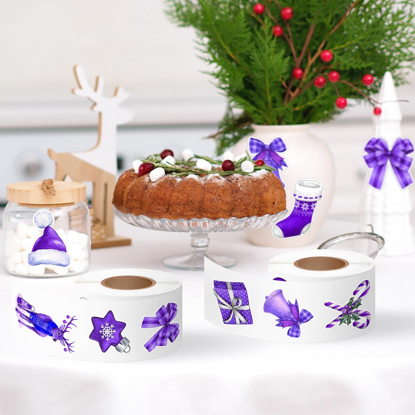 BkeeCten Christmas Purple Watercolor Sticker - 1000Pcs Xmas Purple Santa Waterproof Vinyl Reusable Laptop Stickers Coloring Book Scrapbook Water Bottle Page Activity Pad Party Favors Kids Skateboard