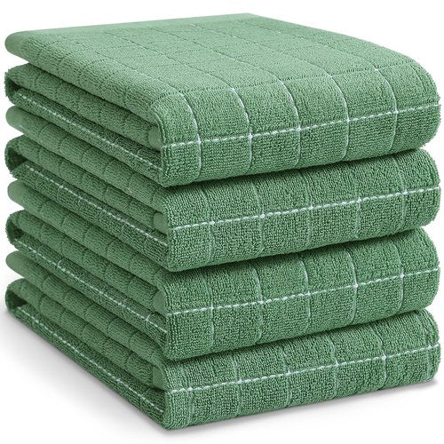 Homaxy 100% Cotton Terry Kitchen Towels(Grass Green, 20 x 28 inches), Checkered Designed, Soft and Super Absorbent Dish Towels, Large 4 Pack
