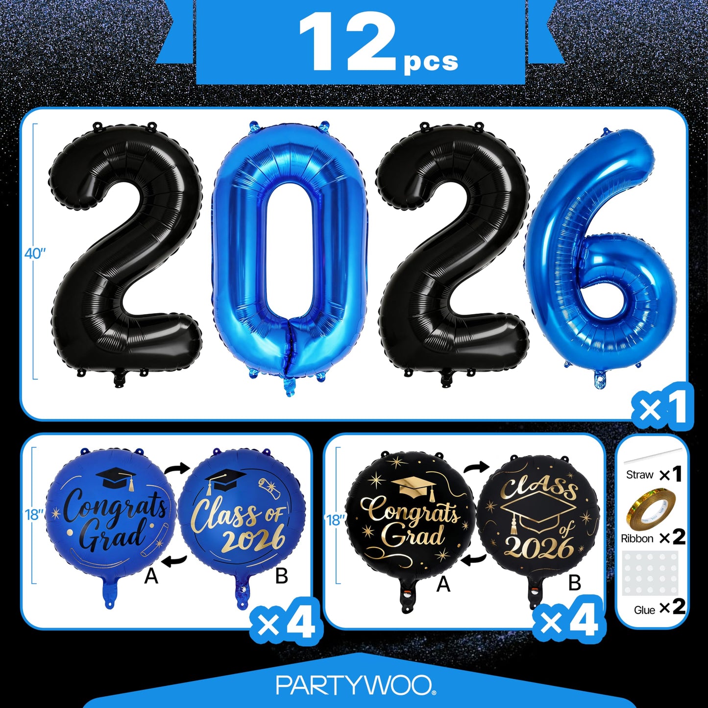 PartyWoo Graduation Balloons Class of 2026 Black Blue Gold 12pcs Balloons 40 Inch 2026 Foil Number Balloons 18 Inch Congrats Grad Mylar Balloons for Black Blue Graduation Decorations Party Supplies
