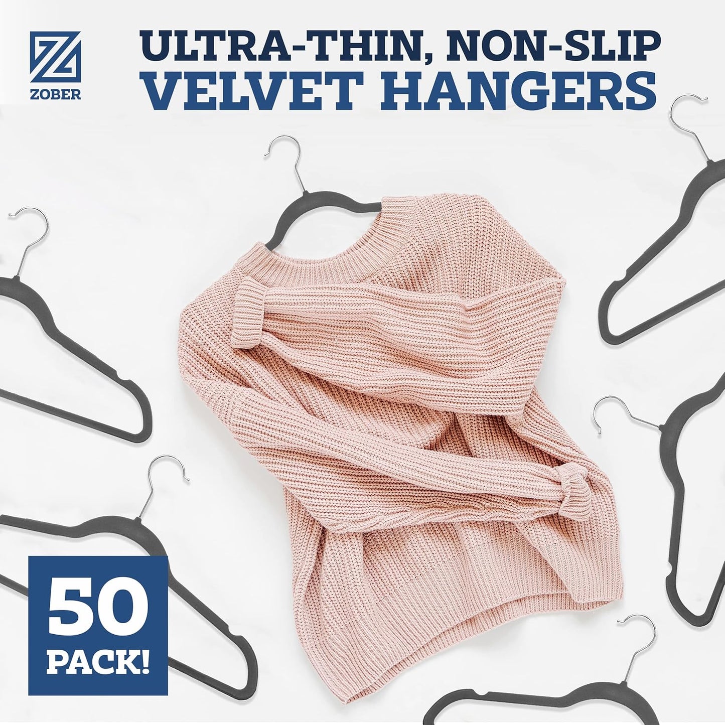 Zober Velvet Hangers 50 Pack | Heavy Duty Non-Slip Gray Hangers for Coats, Pants & Dresses