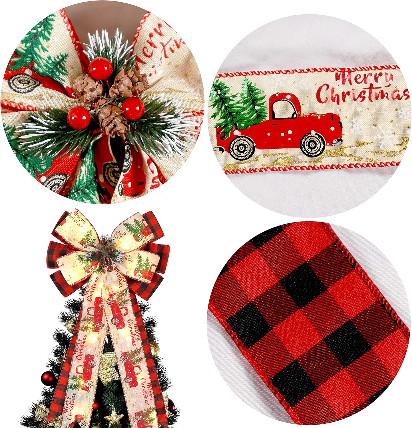 Skiennix Christmas Tree Topper Bow - 30 LED Lights & Rustic Buffalo Plaid Design | 13”x25” Red & Black Wreath Decor