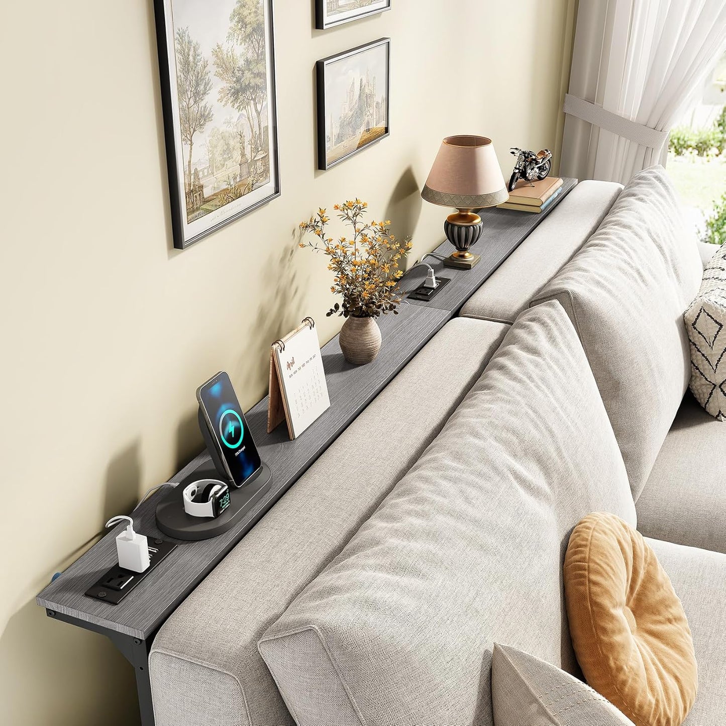 Kitstorack Long Sofa Table - Adjustable Height 25"-33" with 2 Power Outlets | Dark Gray, 5.9" D x 79" L